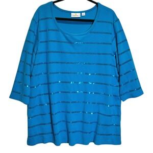 Quacker Factory 2X Blue Embellished Top 3/4 Sleeve Cotton Knit Plus Size Sparkle